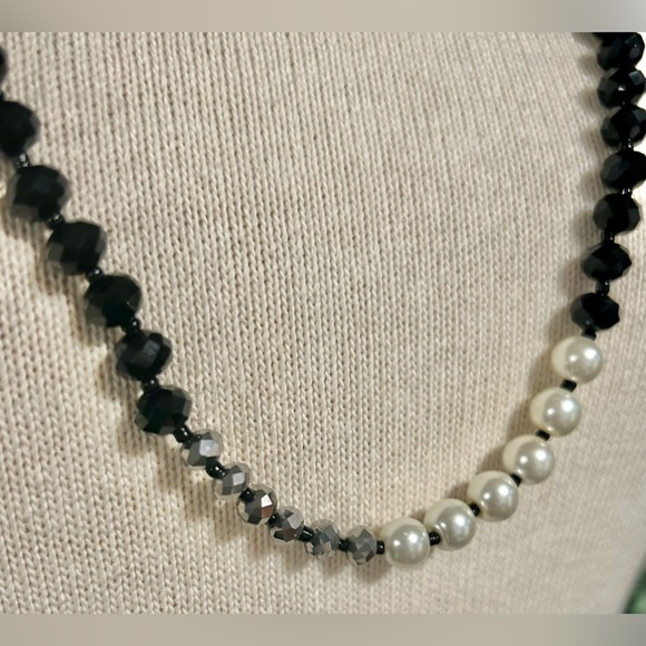 Glass Bead Necklace Faux Pearl Black Silver Beads Fashion Jewelry 30" - Picture 3 of 5